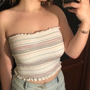 striped cropped tube top with ruffles